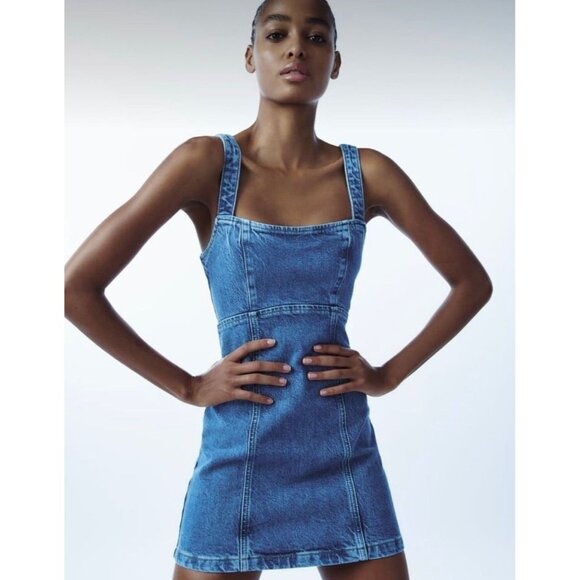 ZARA Medium Blue Cotton Denim Lace Up Back Mini Dress, Size M - Picture 11 of 13